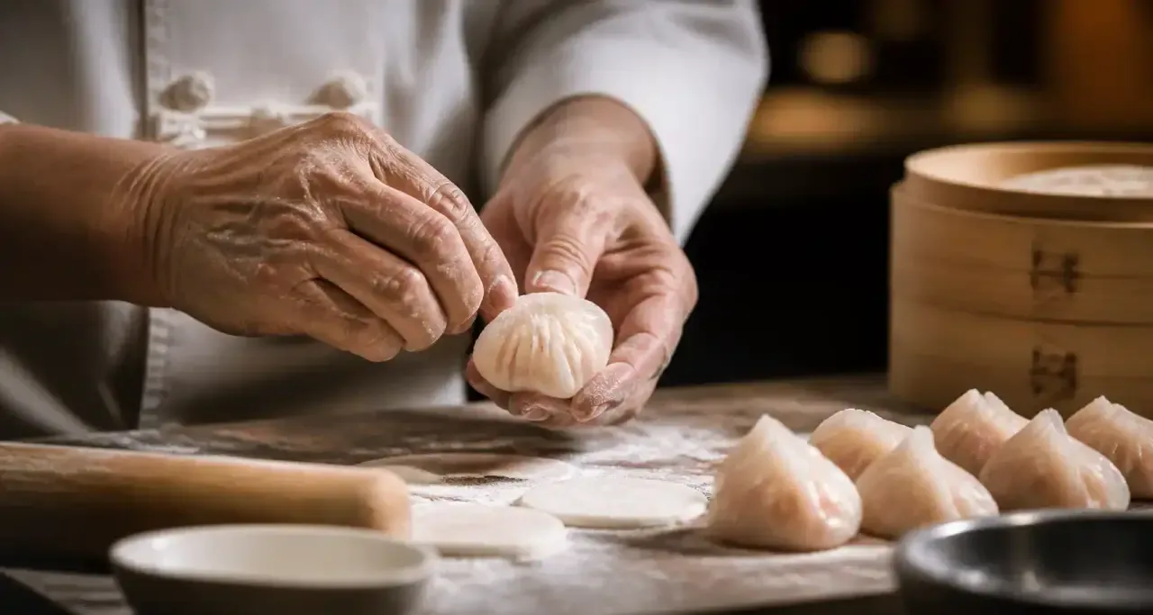 Chef préparant des dim sum dans une cuisine cantonaise