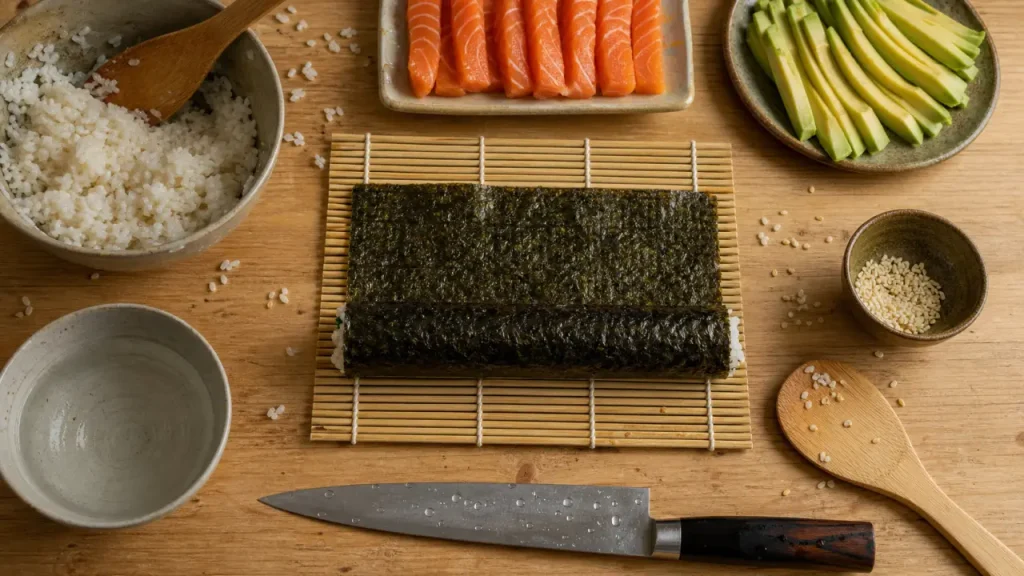 Comment faire des sushi : rouleau de nori et riz vinaigré prêt à couper