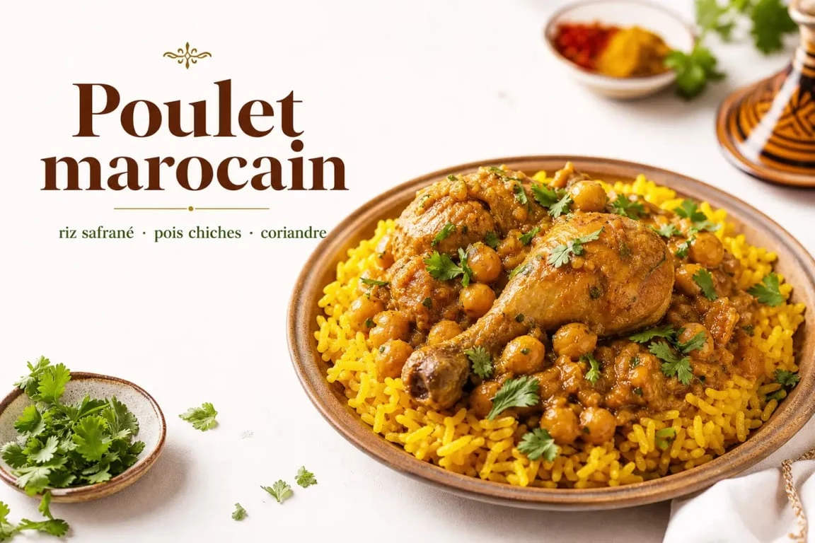 Recette au poulet marocain traditionnel avec pois chiches et riz safrané