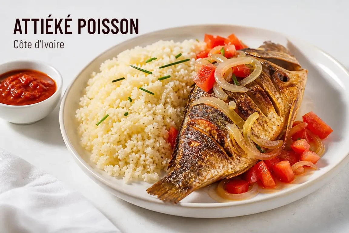 Recette attiéké poisson servie dans une assiette ivoirienne avec poisson braisé, tomates et oignons