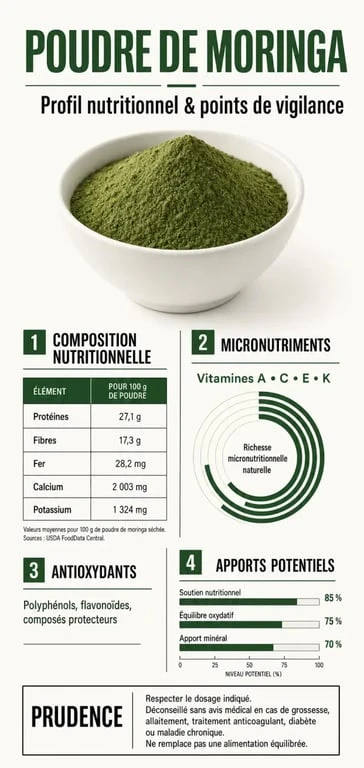 Infographie sur la poudre de moringa bienfait, ses nutriments clés, son dosage et ses précautions