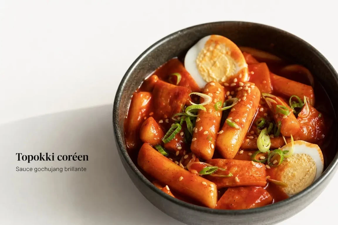 Recette topokki maison servie dans un bol, sauce rouge brillante et gâteaux de riz moelleux