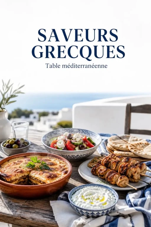 Assortiment de spécialités grecques traditionnelles sur une table ensoleillée