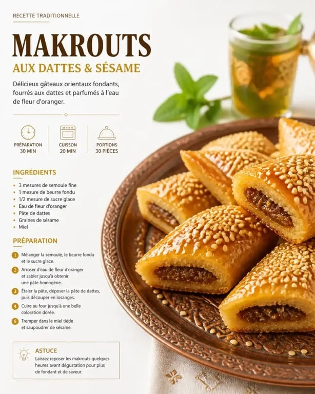 Assiette de Makrout, gâteau oriental traditionnel à la semoule et aux dattes, prêt à être dégusté.