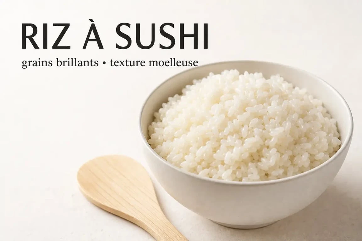 Riz sushi autocuiseur moelleux et brillant dans un bol, prêt à être utilisé pour des sushis