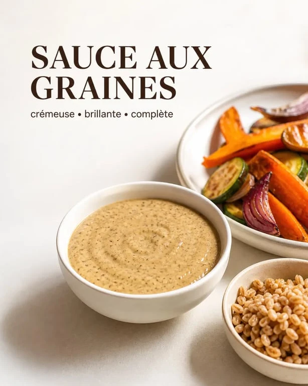 Sauce graines crémeuse au sésame, citron et yaourt servie avec des légumes rôtis