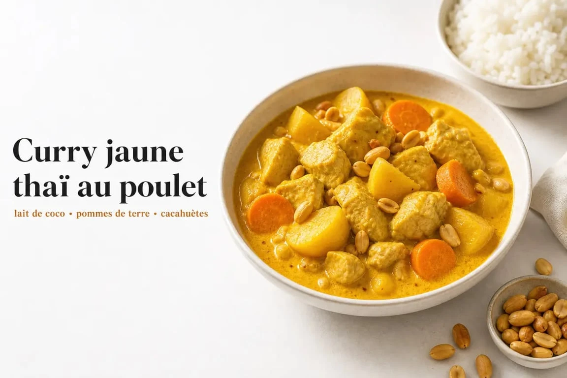 Recette curry jaune recette au poulet avec lait de coco, pommes de terre et riz dans un bol appétissant