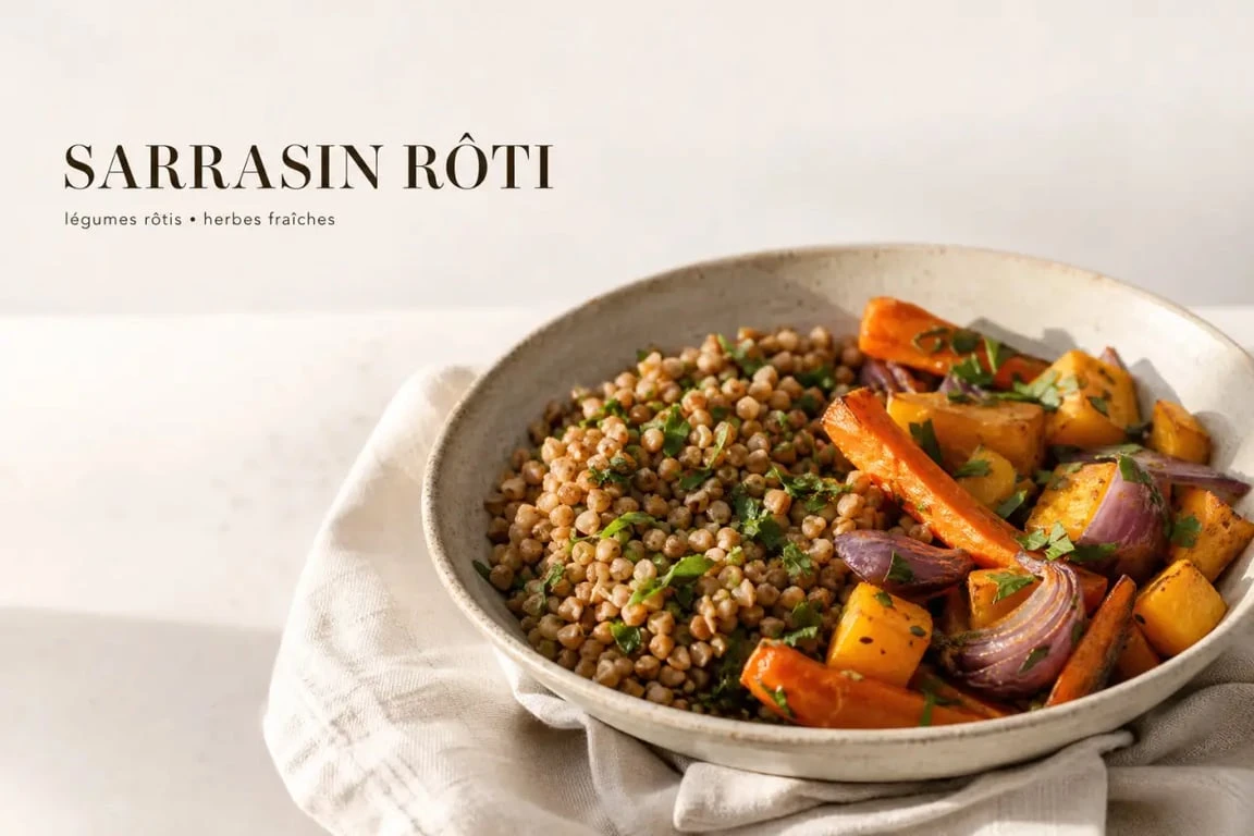 Cuisson sarrasin : bol de sarrasin cuit aux légumes rôtis et herbes fraîches