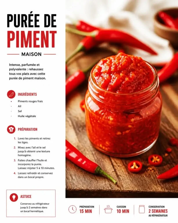 Purée de piment maison dans un bocal en verre avec des piments frais