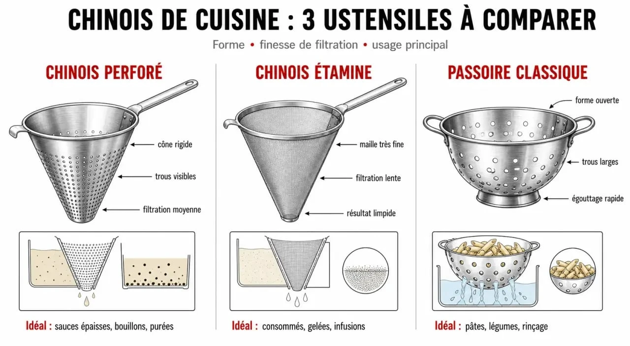 Ustensiles chinois cuisine : comparaison visuelle entre chinois perforé, chinois étamine et passoire classique