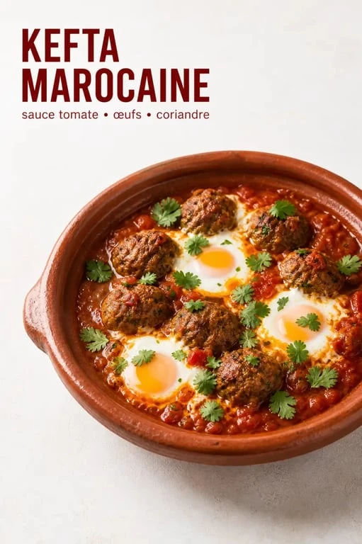 Recette kefta marocaine servie en tajine avec sauce tomate et œufs