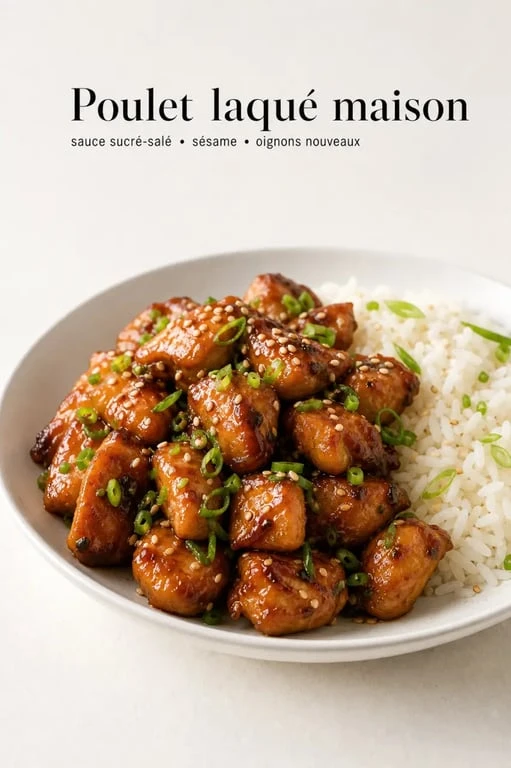 Recette poulet chinoise maison avec sauce brillante, riz blanc et graines de sésame