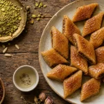 Gâteau oriental : makrout au miel, pistaches, cannelle