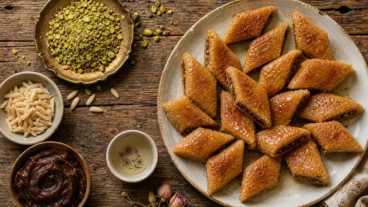 Gâteau oriental : makrout au miel, pistaches, cannelle