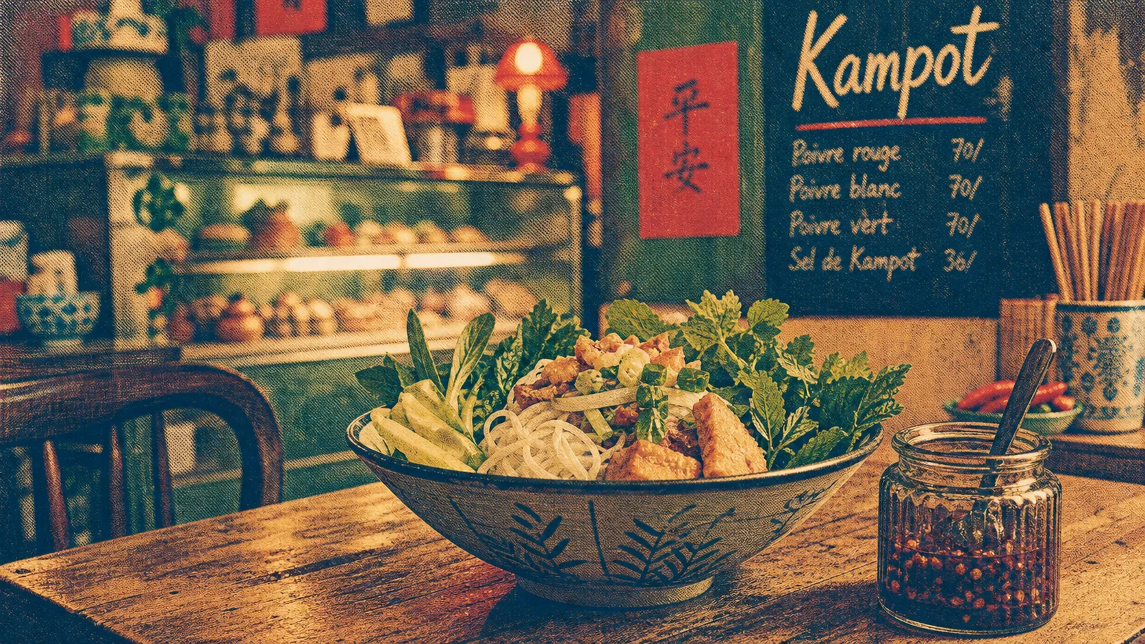 kampot bordeaux : table restaurant avec vermicelles de riz, herbes et sauce maison