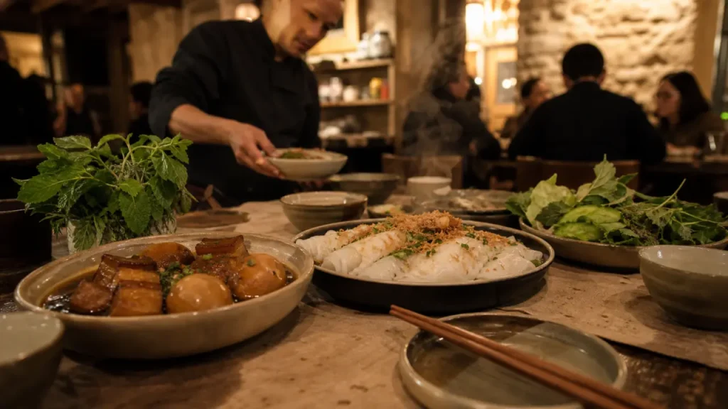 Maison Anh Bordeaux : intérieur restaurant vietnamien confidentiel, table au bánh cuốn