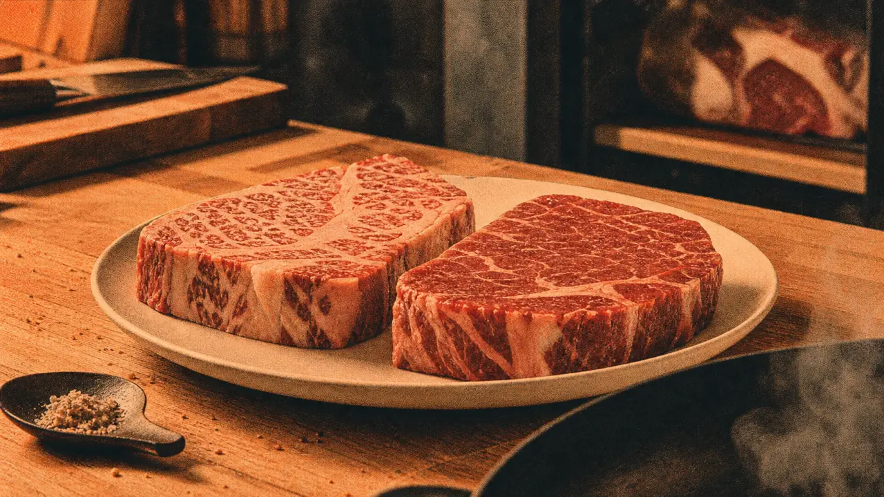Meilleures viandes du monde : persillage Wagyu et Black Angus, gros plan