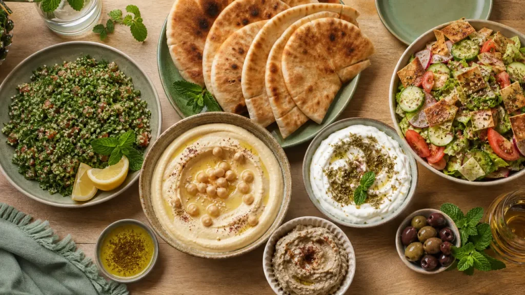 Mezzé libanais sur plateau : houmous, labneh, mutabbal et pain pita
