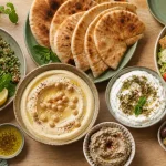 Mezzé libanais sur plateau : houmous, labneh, mutabbal et pain pita