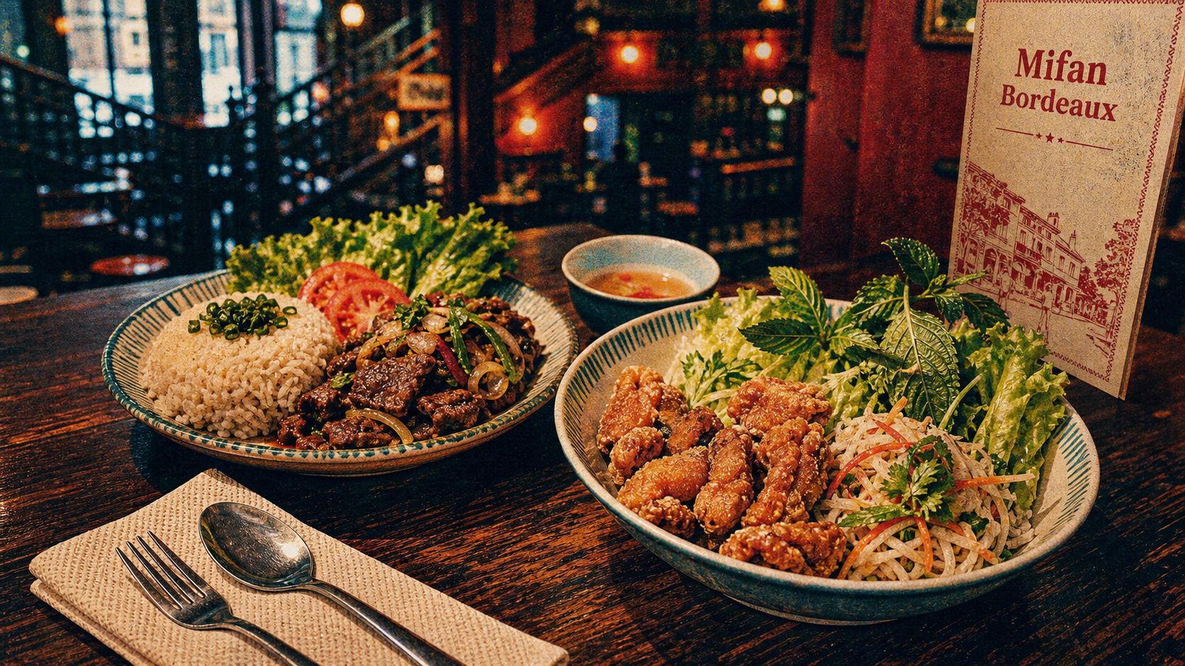 mifan bordeaux : loc lak et poulet croustillant, cuisine sino-vietnamienne