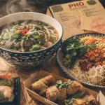 nha kha Bordeaux : pho fumant et bò bún près des rouleaux de printemps