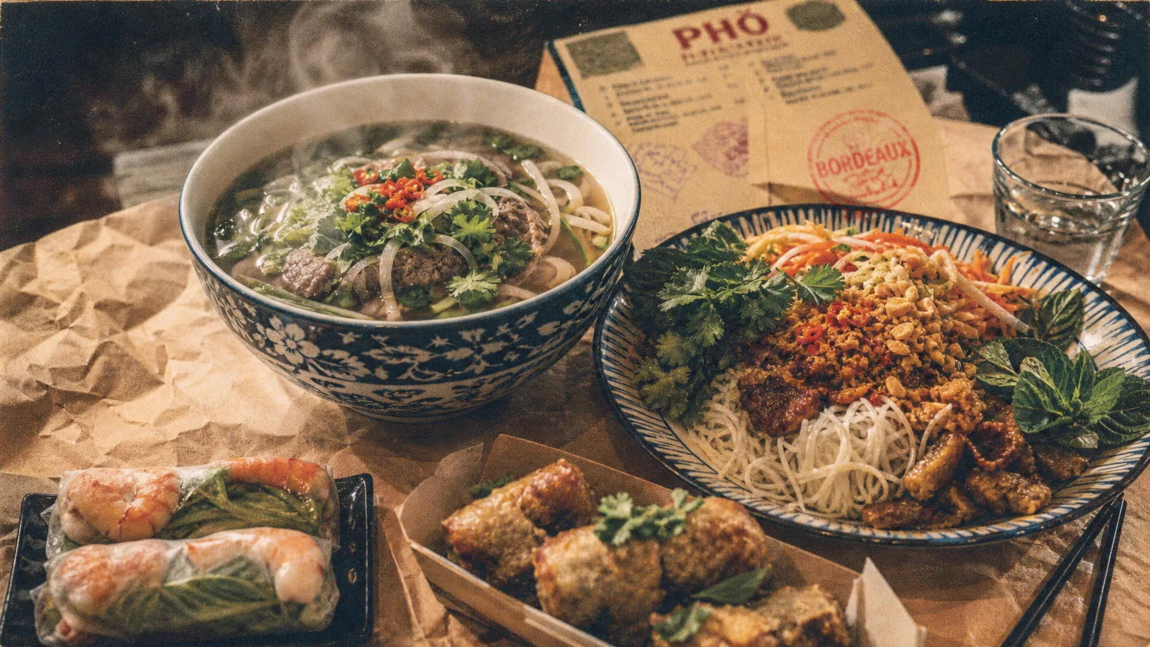 nha kha Bordeaux : pho fumant et bò bún près des rouleaux de printemps