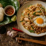 Nourriture en thailande : riz gluant et pad thaï au marché