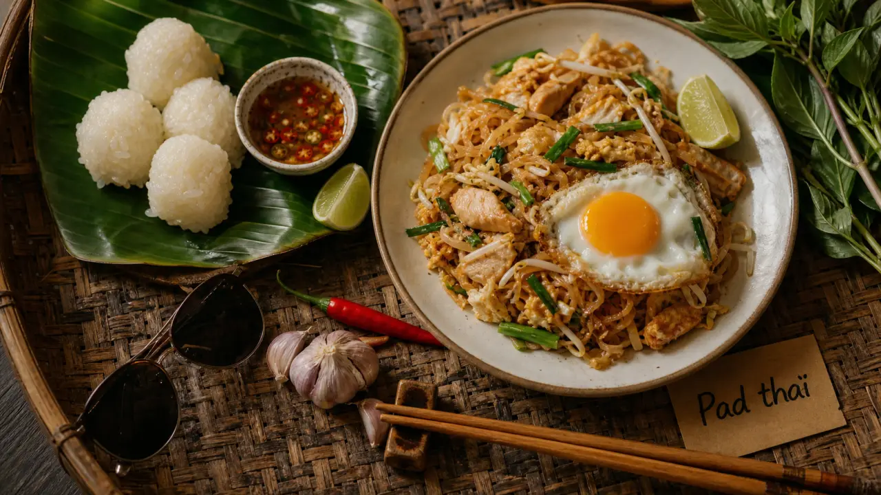 Nourriture en thailande : riz gluant et pad thaï au marché