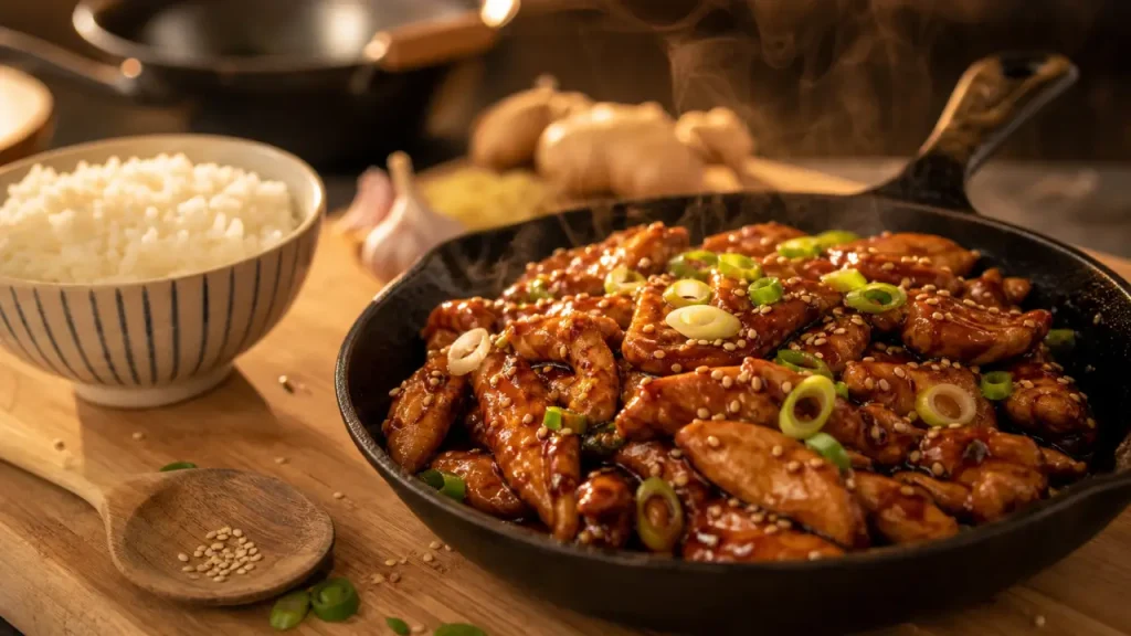 Poulet chinoise, sauce brillante, feu vif, poulet tendre