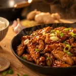 Poulet chinoise, sauce brillante, feu vif, poulet tendre