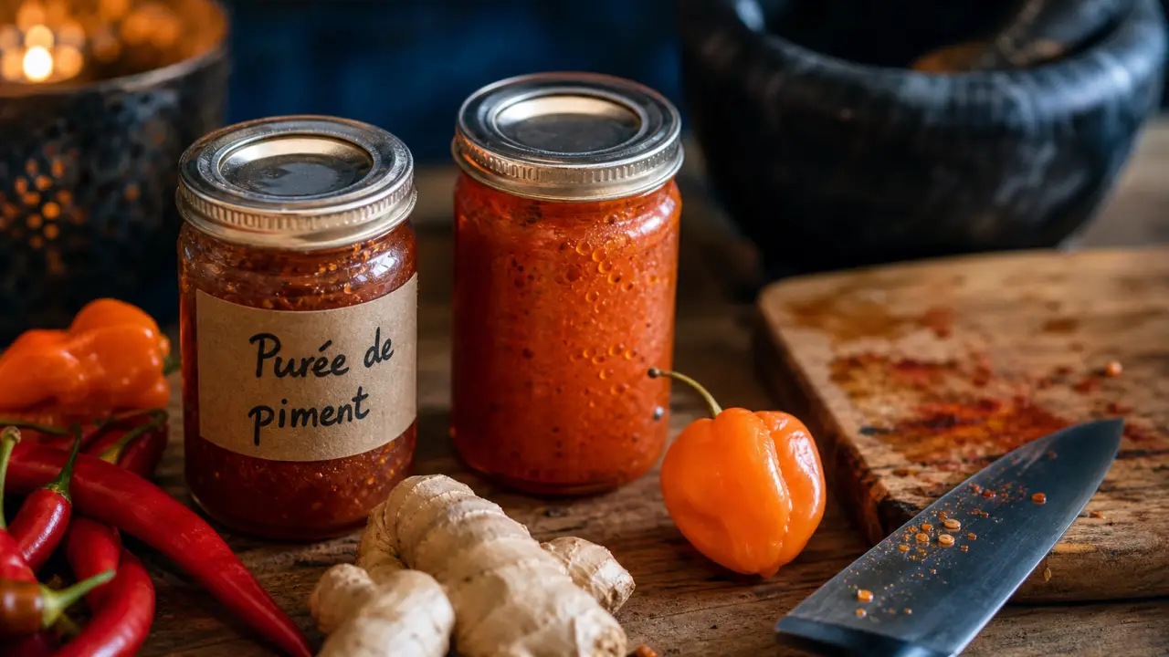 Purée de piment maison en bocaux avec piments frais et gingembre