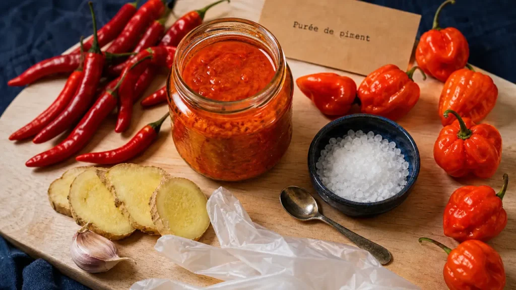 Purée de piment maison, bocal de conservation avec piments frais et huile