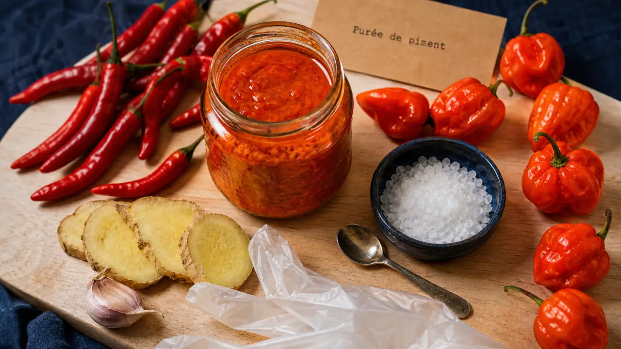 Purée de piment maison, bocal de conservation avec piments frais et huile