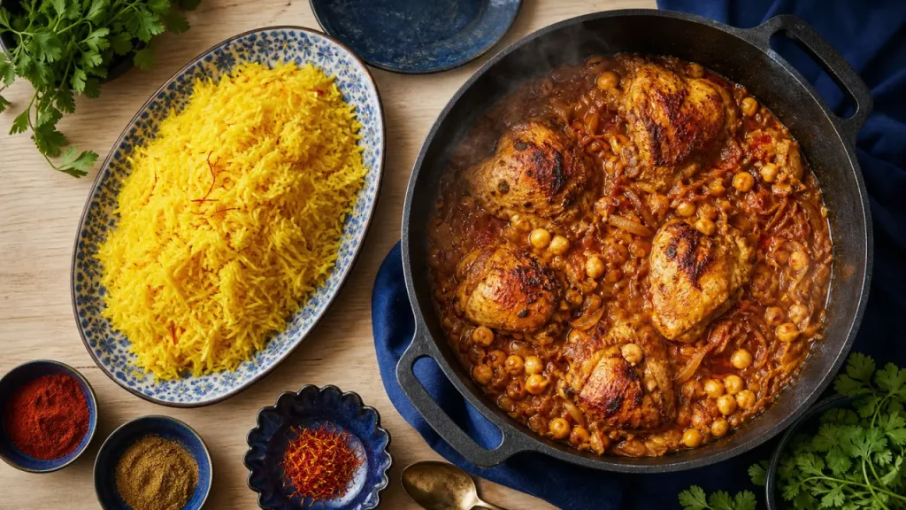 Recette au poulet marocain : poulet doré, pois chiches et sauce onctueuse