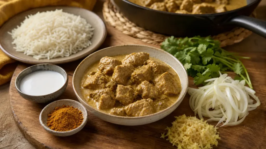 Recette sauté de porc curry : cubes de porc en sauce crémeuse au lait de coco