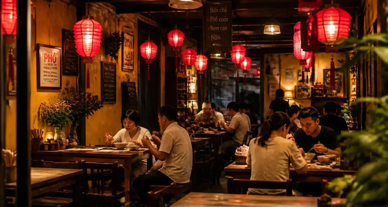 Salle d'un restaurant vietnamien traditionnel éclairée aux lanternes