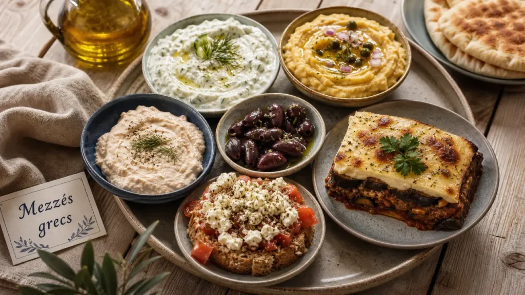 Spécialités grecques : mezzés grecs et moussaka sur table