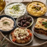 Spécialités grecques : mezzés grecs et moussaka sur table