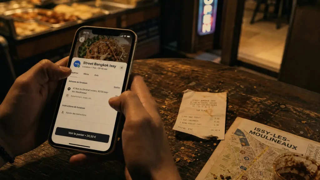 Street Bangkok Issy-les-Moulineaux : page livraison sur smartphone, retrait et cuisine thaï