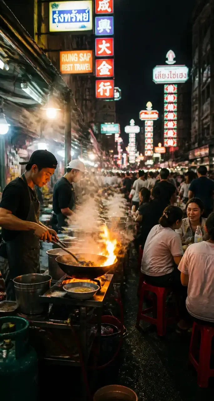 Vendeurs de street food au wok dans une rue de Bangkok la nuit