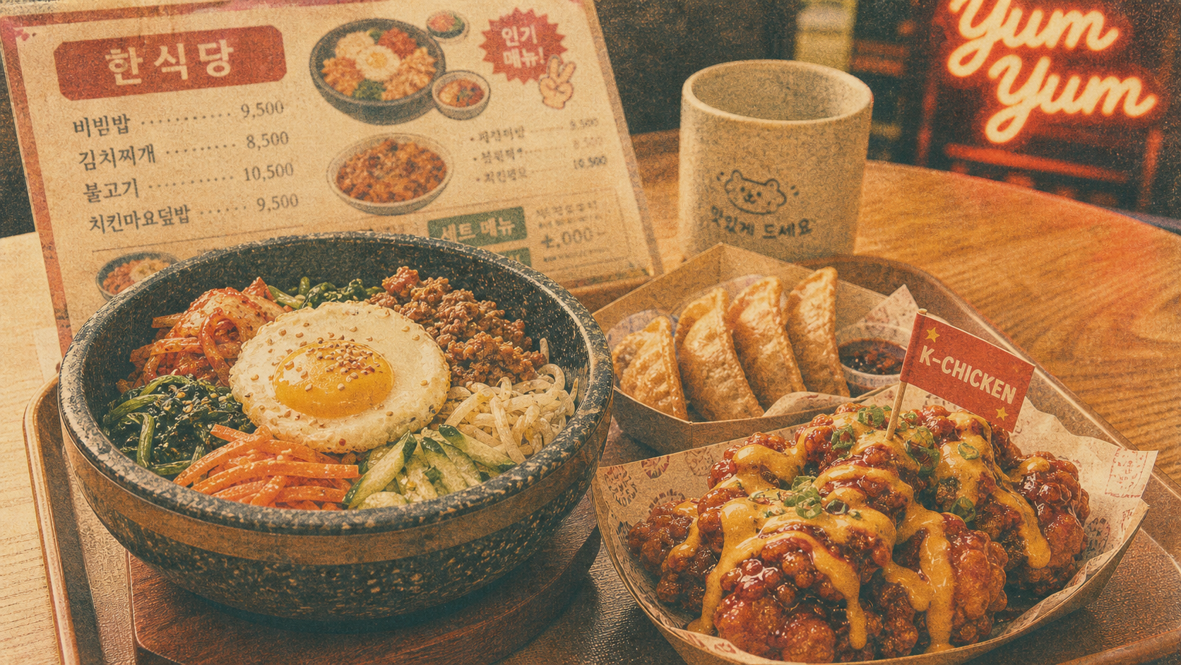 Yum Yum Bordeaux : poulet frit, mandu et bibimbap sur un plateau