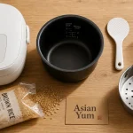 Asian Yum : cuiseur à riz blanc, bol, spatule et accessoires