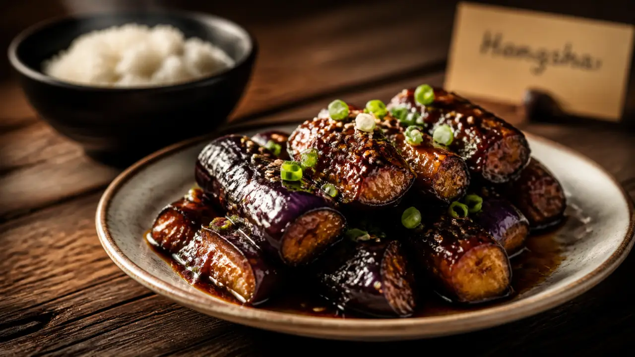 Aubergines hong shao brillantes sauce soja ail gingembre