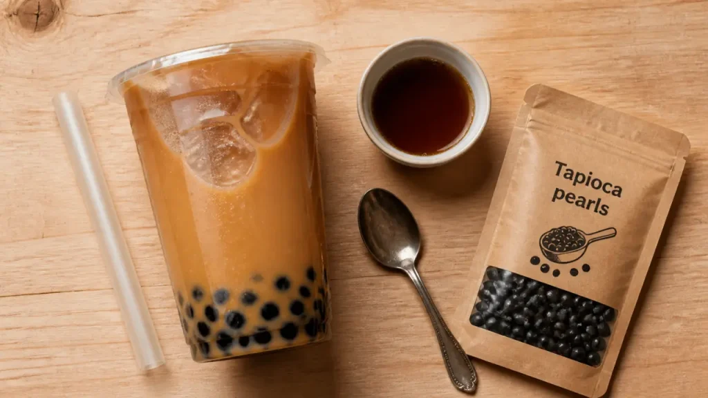 Bubble tea boba : gobelet de thé au lait et perles de tapioca noires visibles