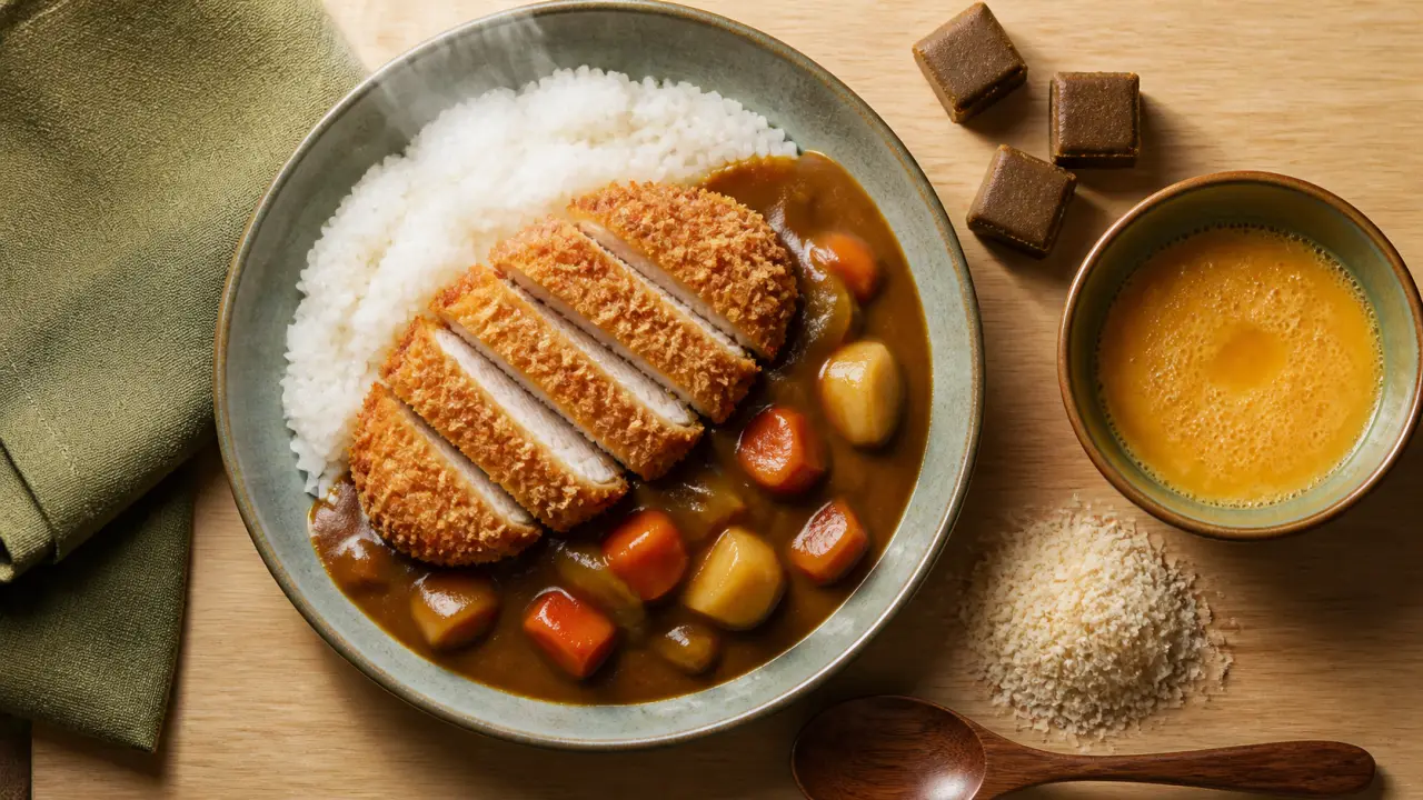 Catsoo curry katsu au poulet, sauce japonaise douce et panko croustillant, riz blanc