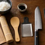 Cuisine japonaise ustensiles : santoku, makisu, spatule à riz, saibashi et riz vapeur