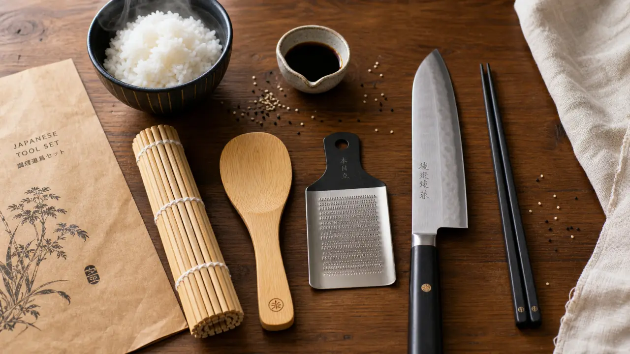 Cuisine japonaise ustensiles : santoku, makisu, spatule à riz, saibashi et riz vapeur
