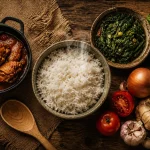 Cuisine malgache cuisine : riz fumant, laoka brèdes et poulet en sauce