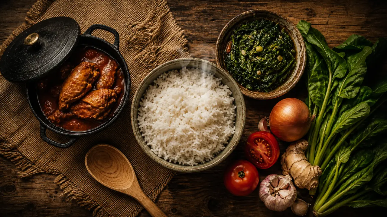 Cuisine malgache cuisine : riz fumant, laoka brèdes et poulet en sauce