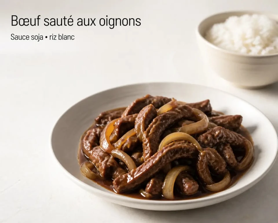 Bœuf aux oignon chinois servi en assiette avec oignons fondants, sauce brillante et riz blanc